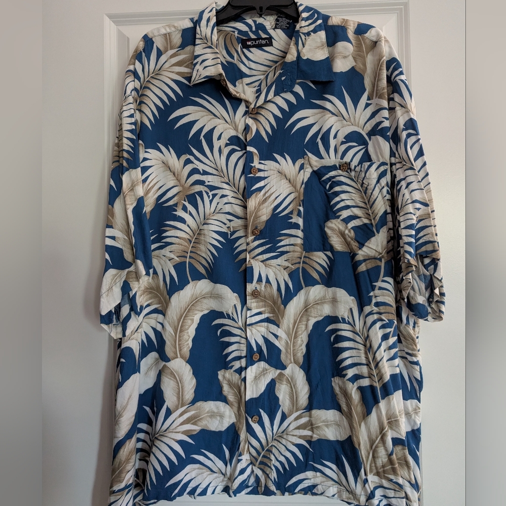 Puritan Blue and Cream Leaf Print Shirt